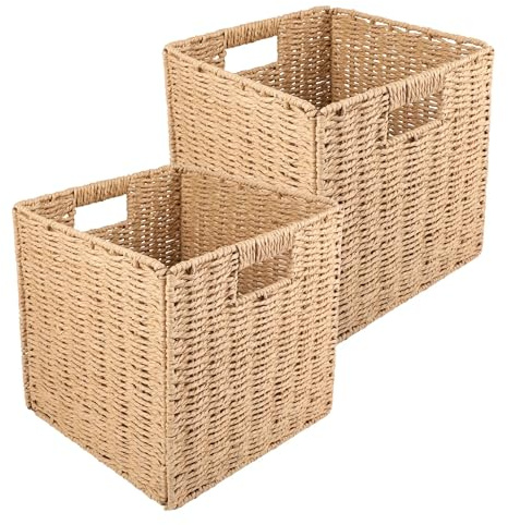 2PCS Wicker Storage Baskets, Wicker Woven Material Closet Organizer, Storage Box Cube Organiser with Inserted Handle, Woven Storage Basket for Shelves, Bathroom and Home