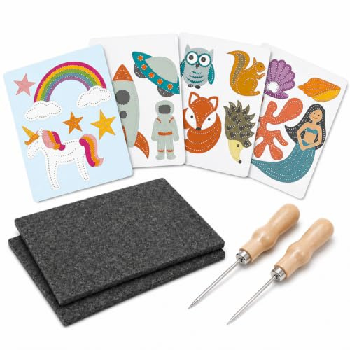 Jadesiegel Kit per Puntinismo Bambini 3+ Anni | Include 10 Disegni, 2 Aghi & 2 Sottopeli | Sviluppa Motricità Fine - Attività Creativa (Sotto Sorveglianza)