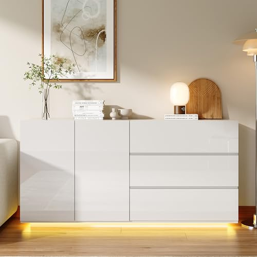 FOERPL Sideboard für Esszimmer Weiß mit LED, Modernes Esszimmer-Sideboard mit 2 Türen und 3 Schubladen Niedriges Sideboard Aufbewahrungsmöbel Kommode mit Schublade für Küche Flur Wohnzimmer Eingang