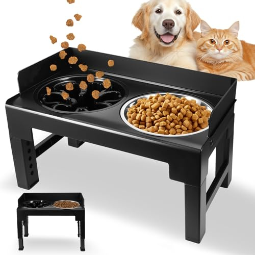 Futternapf Hund Höhenverstellbar Schwarz 8–30cm – Komplett Set mit 2 Edelstahlnäpfen & Anti-Schling-Napf, 6 Höhenstufen, Spritzschutz Design, Stabiler Fressnapf für Zuhause