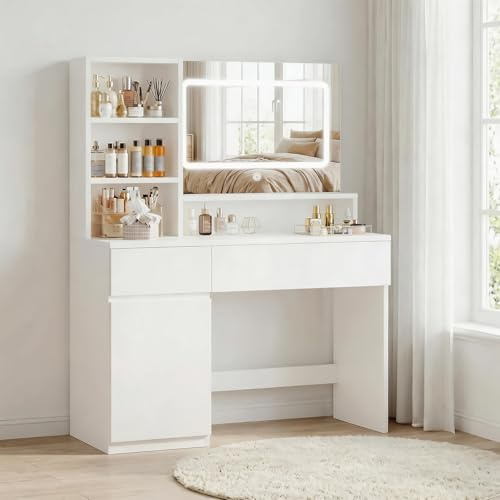 JUMMICO Dressing Table with Mirror,3 Color LED Adjustable Brightness,Vanity Desk with 2 Drawer and Cabinet,Makeup Desk with Open Shelves,Modern White