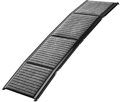 TRUTZHOLM Hunderampe klappbar 180 cm, Autorampe für Hunde, bis 130 kg Tragkraft, 4-Fach klappbar, Aluminium, rutschfeste Teppichoberfläche, Sicherheitsgurt, Einstiegshilfe für Auto, SUV, Sofa, Bett