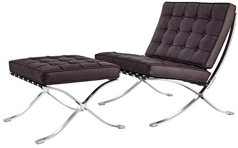 Akzentstuhl mit Ottomane, moderner Loungesessel, Sitzgelegenheit aus echtem Leder, Edelstahlrahmen für Wohnzimmer, Schlafzimmer, Büro, stilvoll und bequem
