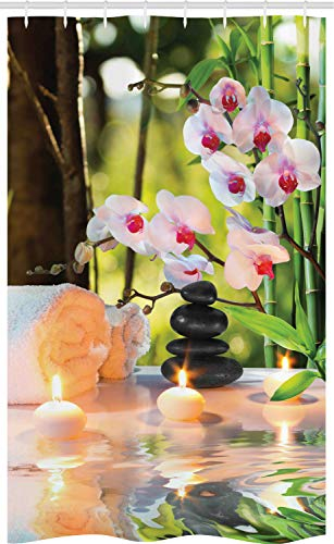 ABAKUHAUS Spa Schmaler Duschvorhang, Spa mit Kerzen Orchideen, Badezimmer Deko Set aus Stoff mit Haken, 120 x 180 cm, Hellgrün Fuchsienfarben