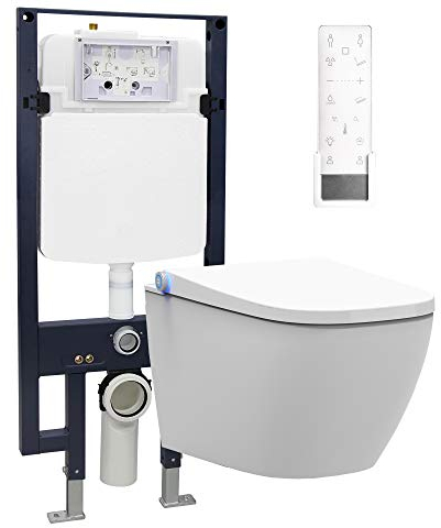 BERNSTEIN Pack WC japonais + Bâti-support plaque Verre Noir, Toilettes suspendu lavant + télécommande, jet douche, séchoir air chaud, filtre & ventilateur à odeurs, Chasse 180°, 59x38x38cm, Pro+1104