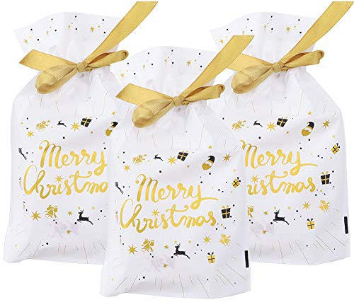 Gold Merry Christmas 50 Pcs Xmas Tree Gift Wrapping Bags - Present Package Bags Plastic Sweet Treat Goody Chocolate Bags for Wedding Anniversary Party