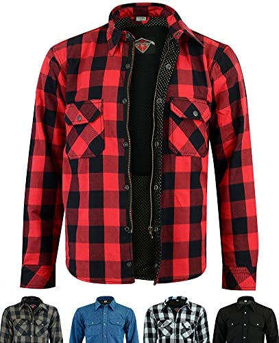 Texpeed Chemises de moto pour hommes avec protections - Veste de motard été chemise à carreaux en flanelle fabriquée avec Aramid - Protection (EN 1621-1) Rouge - 9XL