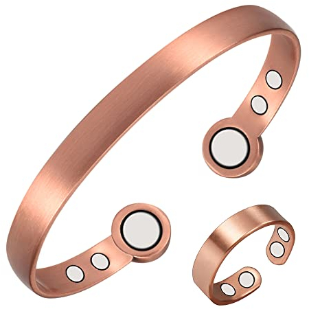 YINOX 99,9% Kupfer Armbänder Ring Schmuck-Sets für Männer und Frauen reines Kupfer Armreif 18 cm verstellbar für Arthritis mit 6 Magneten für effektive Gelenkschmerzlinderung