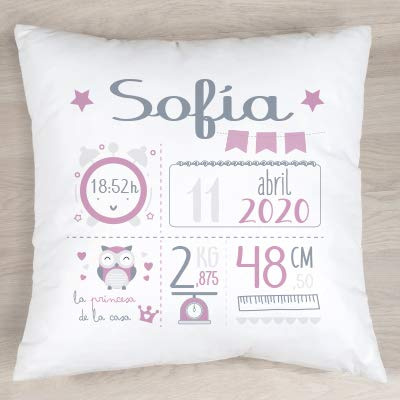 Verimpressió Cojín personalizado para recién nacido con datos de nacimiento 40x40cm.| Relleno incluido | Fabricado en España (Rosa)