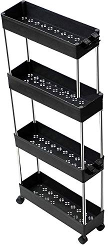 T-LOVENDO.ES Carro de Cocina Estrecho Alto con Ruedas. Carrito Auxiliar Organizador verdulero. Almacenaje Vertical cajones de plástico. 4 Niveles, Negro