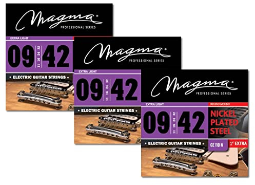 Magma - 3 Juego de Cuerdas para Guitarra Eléctrica de Acero Niquelado – Tensión Extra Liviano (09, 11 16, 24, 32, 42) – Cuerdas Extra Light 3 Sets (GE110N)