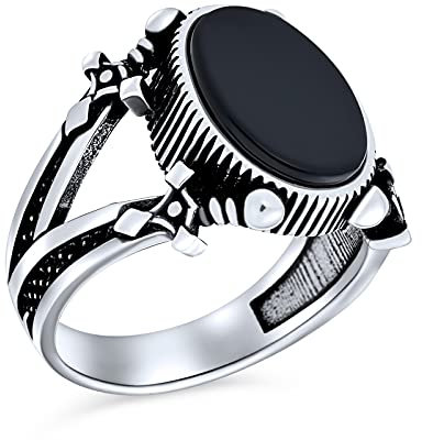 Unisex Vintage Stil Urban Bikerin Schmuck Große Aussage Oval Flach Semi Wertvoll Edelstein Schwarz Onyx Signet Double Sword Ring Für Männer Oxidiert .925 Sterling Silber Handgefertigt In Der Türkei