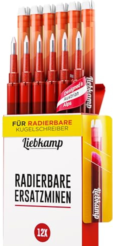 LIEBKAMP Radierbare Ersatzmine rot 0,7mm [12 Stk] Für Radierbarer Kugelschreiber, Tintenroller Radierbar, Radierstift, Erasable Pen, Gelschreiber Radierbar
