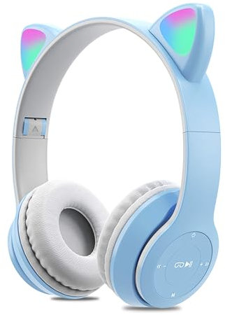 Auriculares Inalámbricos Bluetooth 5.0 para Niñas, Auriculares con Orejas de Gato Plegables sobre la Oreja con Luces de Colores, Unidad de Controlador de 40 mm, para iPhone/iPad/PC/TV