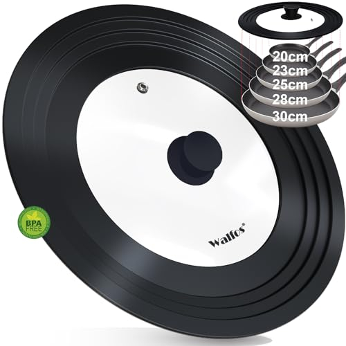 Walfos Universal Lid for Most Pots, Pans and Skillets, Fits 30cm 28cm 29cm 26cm 24cm 22cm 20cm Diameter - Tempered Glass with Heat Resistant Silicone Rim