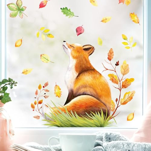 Wandtattoo Loft Fensterbild Herbst Fuchs mit fallenden Blättern, A3 Bogen, Herbstdeko Fenster Kinderzimmer, Herbstbilder Fenster, Fensterbild Herbst Kinder, Herbstblätter Fenster, Fensterfolie Herbst
