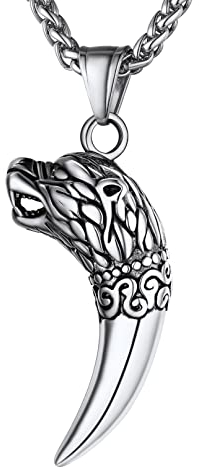 Bandmax Wolfszahn Halskette Wolfskopf Anhänger Halskette Halskettchen mit glänzendem Wolfszahn Anhänger Wikinger Halskette 22inches Halskette aus Edelstahl Modeschmuck für Männer Jungen