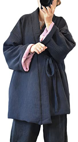 NFYM Veste d'hiver en coton pour femme style kimono japonais chaud matelassé, bleu marine, taille unique