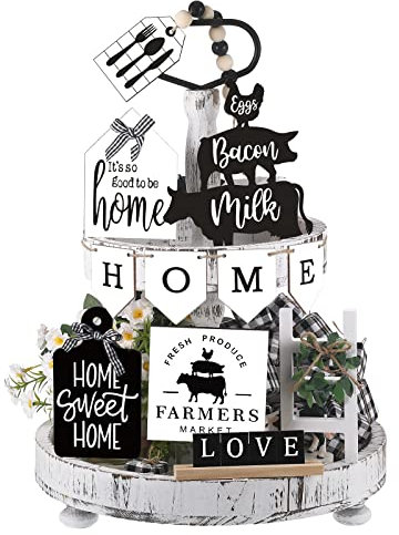 11 Pieces Farmhouse Tiered Tray Decor Wood Sign Rustic Home Sweet Home Simply Blessed Wooden Beads Set for Kitchen Table Shelf, Farm Theme