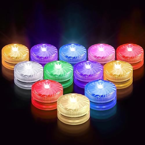 Rikiss Mini Unterwasser Licht RGB Multi Mehrfarbige LED Teichbeleuchtung wasserdichte led kerzen für Zuhause Garten Dekoration Vase Badewanne 12 Stück