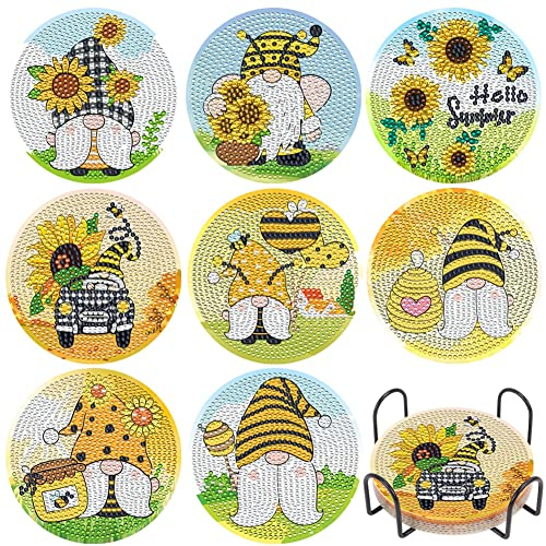 8 Pièces sous-Verres de Peinture de Diamant, 5D DIY Tournesol GNOME Dessous de Verre Diamond Painting, Arts et Artisanat pour Adultes Kits de Peinture de Diamant avec Support, pour Maison, Bar