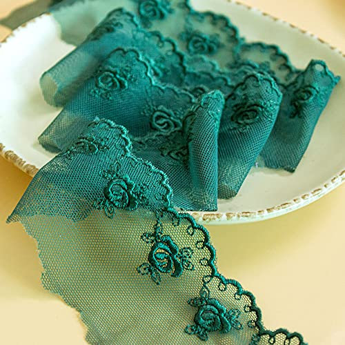 5cm Breite 2 Yard Bunt Vintage Rosen Stickerei Spitze Tüllstoff,Spitzenband Spitzenborte Dekoband Spitzenbordüre Spitze Geschenkband Zierband für Hochzeit DIY Basteln Kleidung Nähen,Grün
