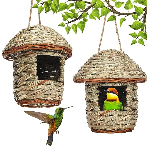2 Stück Vogelnest Gras, Vogelnest für KäFig Deko, Handgewebte Vogelhäuser, Vogelnest Hausgarten, Grass Bird Nest, für Wellensittich Meise, Spatzen Und Andere Kleine VöGel Verwendet