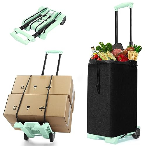 BY07 PRO Foldable Shopping Trolley, Merging the BY07 Cart with a Detachable Bag, Noiseless PVC Wheels, Adjustable Drawbar, 40KG/88LBS Capacity and Lightweight(3.1LBS) - Green