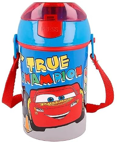 CARTOON Borraccia con apertura pop-up Cars Disney bottiglia in plastica riutilizzabile con tracolla BPA Free capacità 450 ml