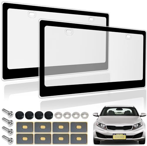 BGGTMO Clear License Plate Covers- Black Car Tag Frame, Unbreakable Number Plate Protector with Screws Caps and Rattle Proof Pads, 2 Pack for Front Rear
