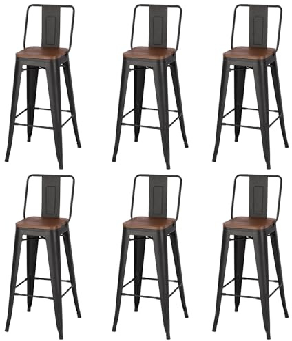 Warmiehomy Black Bar Stools Set of 6 Metal Industrial Commercial High Bar Chairs Stools Barstools with Backrest for Home Kitchen Island Bistro