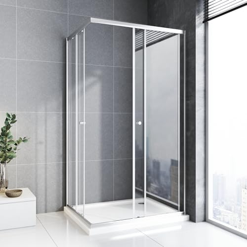 Duschkabine 75x90 cm Eckeinstieg Schiebetür,Silber Doppel Schiebetür Duschabtrennung 6mm ESG Glas Duschwand Dusche,Höhe 185 cm