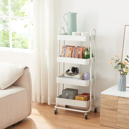 [en.casa] Carro de Servicio con 4 Cestas Estantería de Baño con 4 Ruedas Carrito de Cocina Multiusos Versátil Resistente Acero 104 x 46 x 35 cm - Blanco Mate
