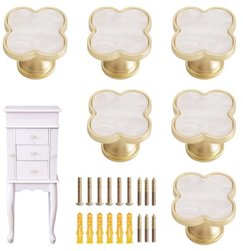 MOROBOR 6 Pcs Four-Leaf Clover Cabinet Knobs Creative Bling Zinc Alloy Drawer Pulls Multifunctional Single Hole Knobs for Dresser Wardrobe Door Furniture
