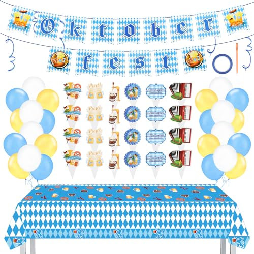 52 Stück Oktoberfest Deko Set (mit Bunten Fahnen, Tischdecken, Cupcake Topper, Anstecknadeln, Bunten Seilen), Deko Party, Bavarian Dekoration für Drinnen, Draußen, Oktoberfest Party