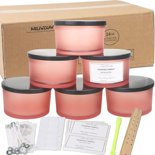 MILIVIXAY Lot de 6 pots à bougies de 710 ml avec couvercles en métal et kits de fabrication de bougies – Bocaux vides en verre épais rose mat pour la fabrication de grandes bougies – Pots à épices