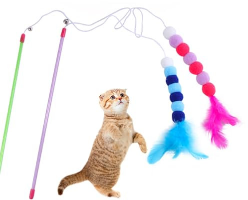 Cat Wand With Feather, Bell and Flexible Wire - 2 Pcs Interactive Training Teaser for Cats and Kittens - Indoor Playing (Blue, Pink)