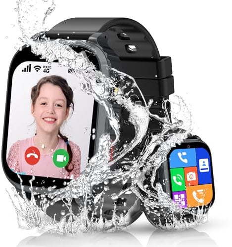 Smartwatch Kinder, 4G Kinder Smartwatch mit GPS und Telefon Wasserdicht GPS Uhr Kinder Videoanruf Anruffunktion SOS Voice Chat IP68 Spiel Wecker Schulmodus, Kinderuhr für Jungen Mädchen Student
