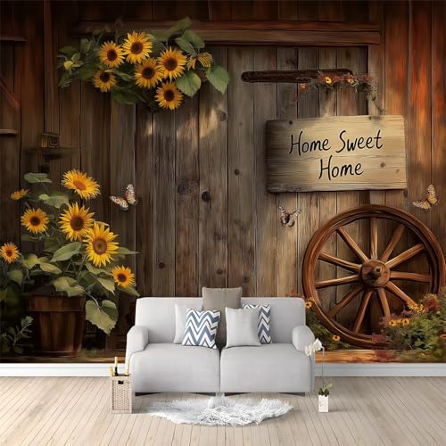 Vlies-Fototapete Scheune mit Holz Scheunentor Sonnenblumen und Wagenrad, 300 x 210 cm (B x H) große Vlies Wandgestaltung 3D-Panorama Effekt für Wohnzimmer und Schlafzimmer
