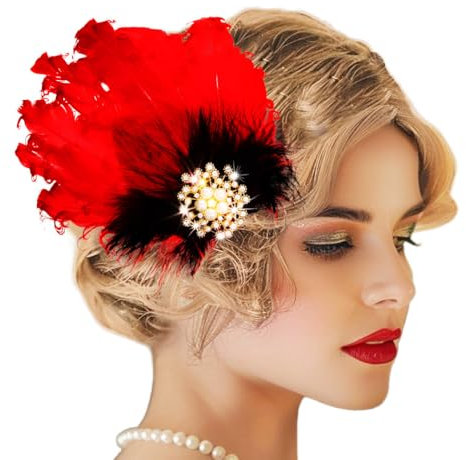Handcess Bandeau vintage années 1920 avec plumes rouges et strass pour costume de Gatsby le Magnifique