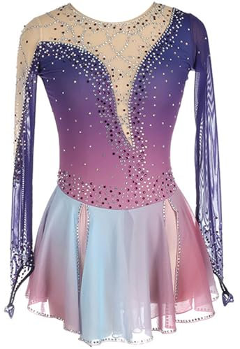 ZSWXF Eiskunstlaufkleid für Damen und Mädchen, Rosa/Lila, Farbverlauf mit Diamanten, Wettkampf-Performance-Eiskunstlaufkleider,3XS