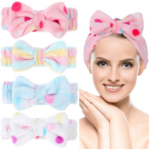 4 Stück Gesichtsreinigung Stirnband, Bowknot Spa-Haarband, Korallenfleece zum Abschminken, Elastisches Sport-Stirnband, Kosmetik(A)