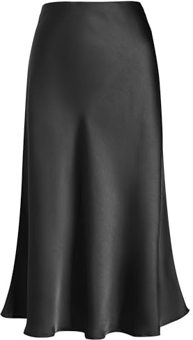 Eisnnu Damen Satin Rock Midi-Länge Rock A Linie Röcke Einfarbig Fishtail Seidiger Midirock Business Party Skirt S-XXXL (DE/NL/SE/PL, Alphanumerisch, XXL, Regular, Regular, Schwarz)