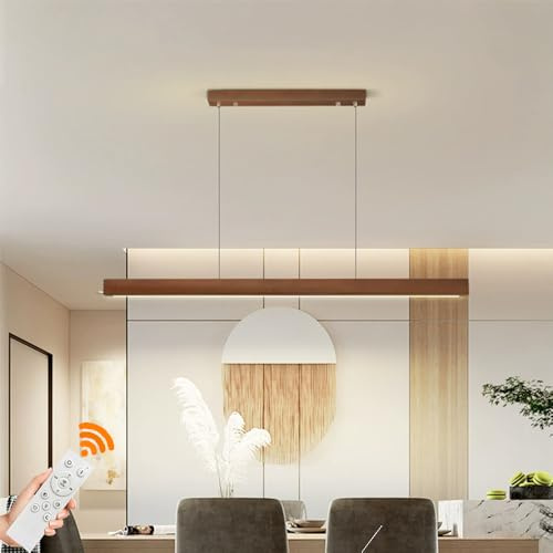 Moderne LED-Pendelleuchte Esstischlampe Holz-Pendelleuchte Dimmbare Lampe Designer Lineare Pendelleuchte Höhenverstellbarer Kronleuchter für Esszimmer Küche Büro Pendelleuchte (Braun, L80CM)