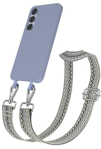 EAZY CASE - Hülle mit Band kompatibel mit Samsung Galaxy S25 Plus Handyhülle für Galaxy S25 Plus Silikonhülle Mikrofaser Handykette Umhängen 2in1 Hülle Handykordel Wellen - Beige Blau Metall Silber