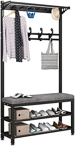 Générique Porte-Manteau sur Pied avec Miroir, Banc d'entrée Industriel avec étagère de Rangement pour Chaussures et Crochets