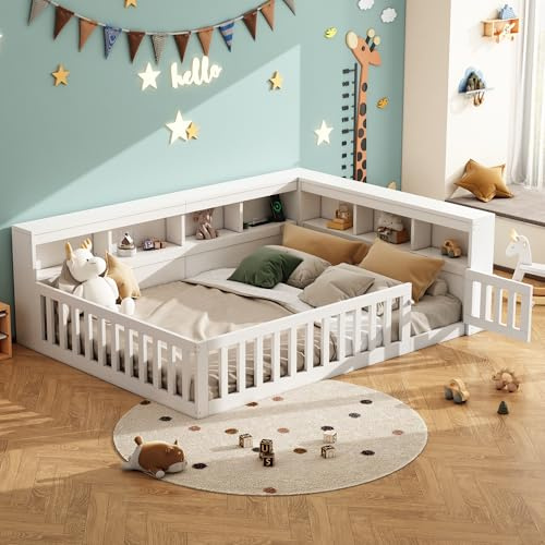 TOBIDOEN Bodenbett Kinder 140x200 cm Bettseite Stauraum mit Staufach, Kinderbett Jugendbett mit Hilfsdesign und Offener Zaun, Bettgestell mit Lattenrost, Spanplatte, Weiß