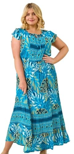 Roman Curve Tropical Tie Neck Dress for Women UK - Ladies Everyday Holiday Spring Summer Round Neckline Comfy Soft Evening Vacation Work Party - Blue Plus - Size 16