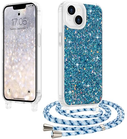 LCHULLE Crossbody Lanyard Case for iPhone 14/13 with Strap, Blue | Adjustable Removable Neck Strap, Sparkle Glitter Phone Cover for Women, Clear TPU Bumper, Shockproof Drop Protection