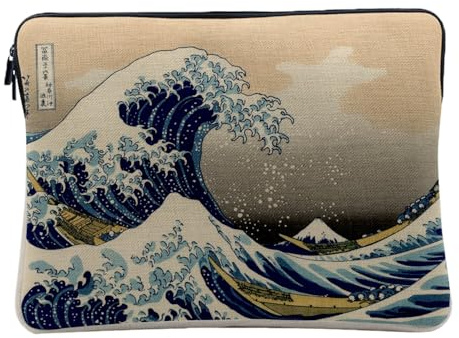 Housse Ordinateur et Tablette Aspect Lin - Hokusai Kanagawa Waves View Mount Fuji - 12-13 Pouces Pochette de Protection PC Portable Imprimé en France
